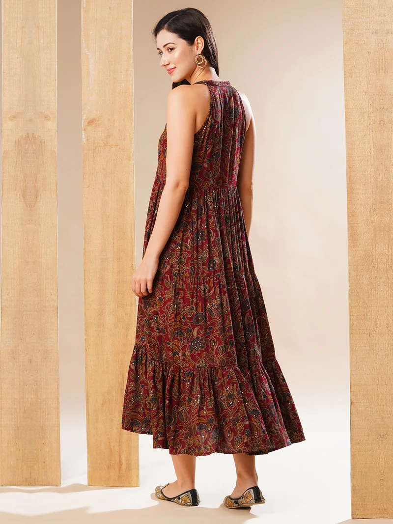 جلو باص Women Maroon Halter Neck Allover Floral Print Tiered Fit & Flare Fusion Maxi Dress
