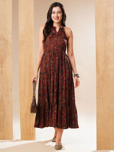 جلو باص Women Maroon Halter Neck Allover Floral Print Tiered Fit & Flare Fusion Maxi Dress