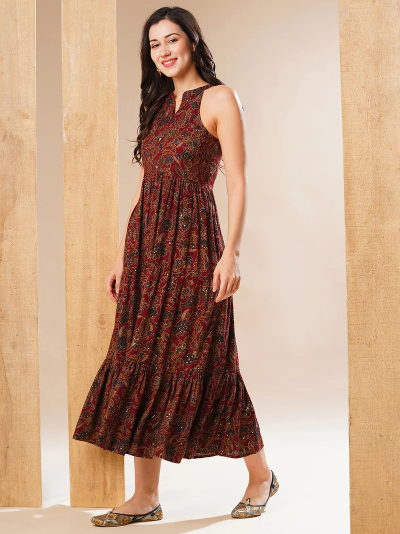 جلو باص Women Maroon Halter Neck Allover Floral Print Tiered Fit & Flare Fusion Maxi Dress