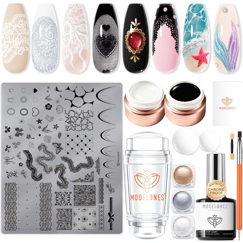 Modelones 16PCS Lace Nail Stamping Kit, French Tip Stamper White Black Painting Gel Polish Chrome Powder Proof Matte Gel Top Coat Gingham Template Dual Nail Art Brush Spring Manicure Gift for Women - Image 1