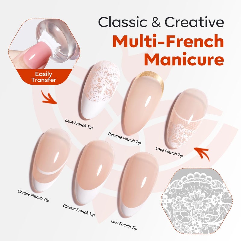 Modelones 16PCS Lace Nail Stamping Kit, French Tip Stamper White Black Painting Gel Polish Chrome Powder Proof Matte Gel Top Coat Gingham Template Dual Nail Art Brush Spring Manicure Gift for Women - Image 3