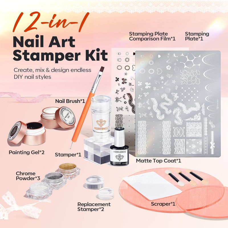 Modelones 16PCS Lace Nail Stamping Kit, French Tip Stamper White Black Painting Gel Polish Chrome Powder Proof Matte Gel Top Coat Gingham Template Dual Nail Art Brush Spring Manicure Gift for Women - Image 2