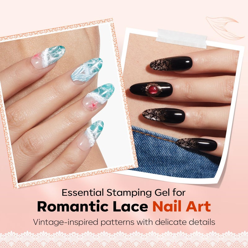 Modelones 16PCS Lace Nail Stamping Kit, French Tip Stamper White Black Painting Gel Polish Chrome Powder Proof Matte Gel Top Coat Gingham Template Dual Nail Art Brush Spring Manicure Gift for Women - Image 4