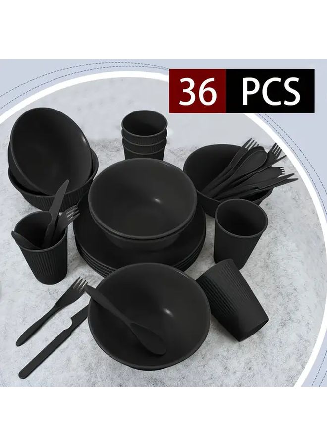 Black 36 Piece Plastic Dinnerware Set Microwave Safe Stackable Reusable - Image 1