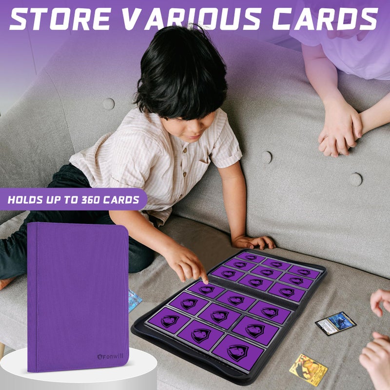 Fonwill 9 Pocket Card Binder,360 Pockets Trading Card Holder Book, Premium PU Cover Zip Folder Binder,Side Loading Carrying Case Binder Album for TCG,MTG,Sports Cards,Game Cards (Purple) - Image 2