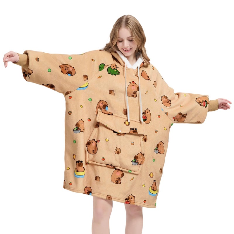 Qeils Wearable Blanket Hoodie for Women, Comfy Sherpa Sweatshirt Blanket as Birthday Christmas Gifts, Oversized Pullover Jacket Blanket Hoodie for Adult (Capybara, Adult) - Image 1