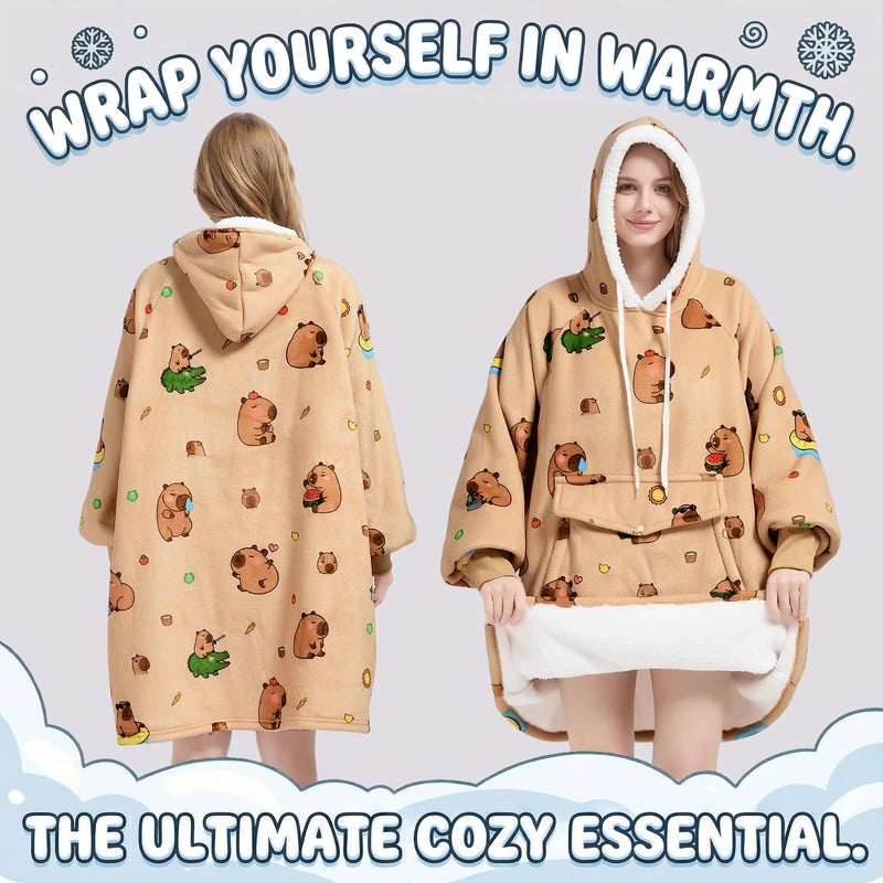 Qeils Wearable Blanket Hoodie for Women, Comfy Sherpa Sweatshirt Blanket as Birthday Christmas Gifts, Oversized Pullover Jacket Blanket Hoodie for Adult (Capybara, Adult) - Image 4