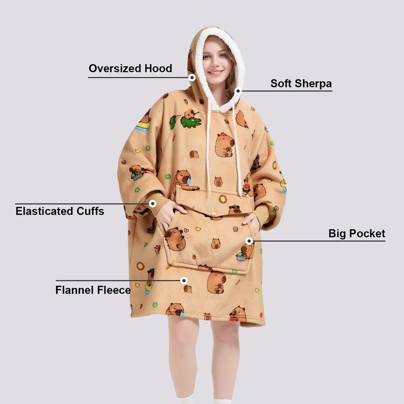 Qeils Wearable Blanket Hoodie for Women, Comfy Sherpa Sweatshirt Blanket as Birthday Christmas Gifts, Oversized Pullover Jacket Blanket Hoodie for Adult (Capybara, Adult) - Image 3