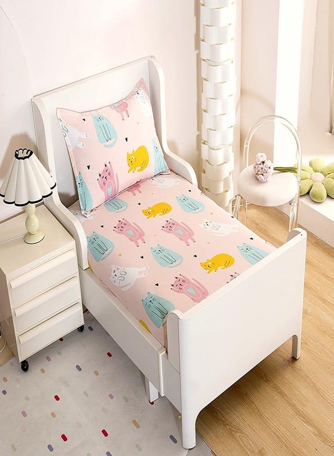 KWLOVER 2PC Soft Bed Fitted Sheet and Pillowcases Set,Cute Cats Printed Bed Sheets for Kids Boys Girls Twin Size Bed (Pink Cats, Twin) - Image 1