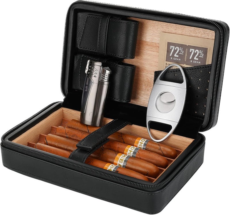 CiTree Portable Cigar Humidor, Cedar Wood Leather Cigar Case with Lighter and Cigar Cutter, Black - Image 2