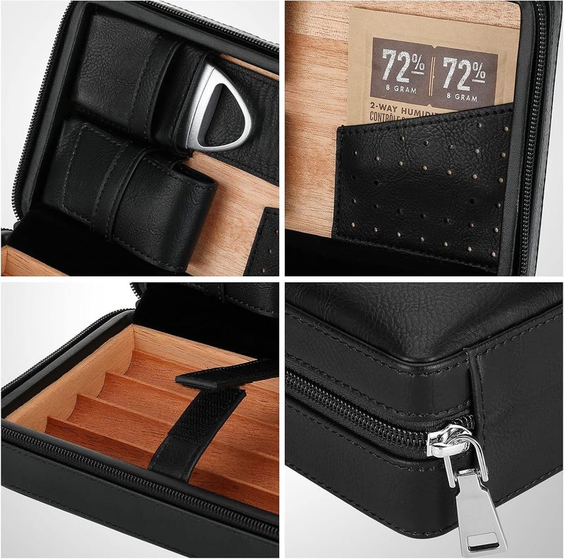 CiTree Portable Cigar Humidor, Cedar Wood Leather Cigar Case with Lighter and Cigar Cutter, Black - Image 3
