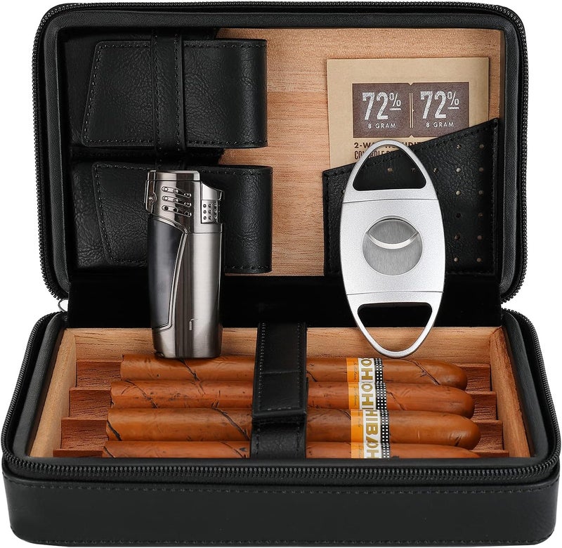 CiTree Portable Cigar Humidor, Cedar Wood Leather Cigar Case with Lighter and Cigar Cutter, Black - Image 1