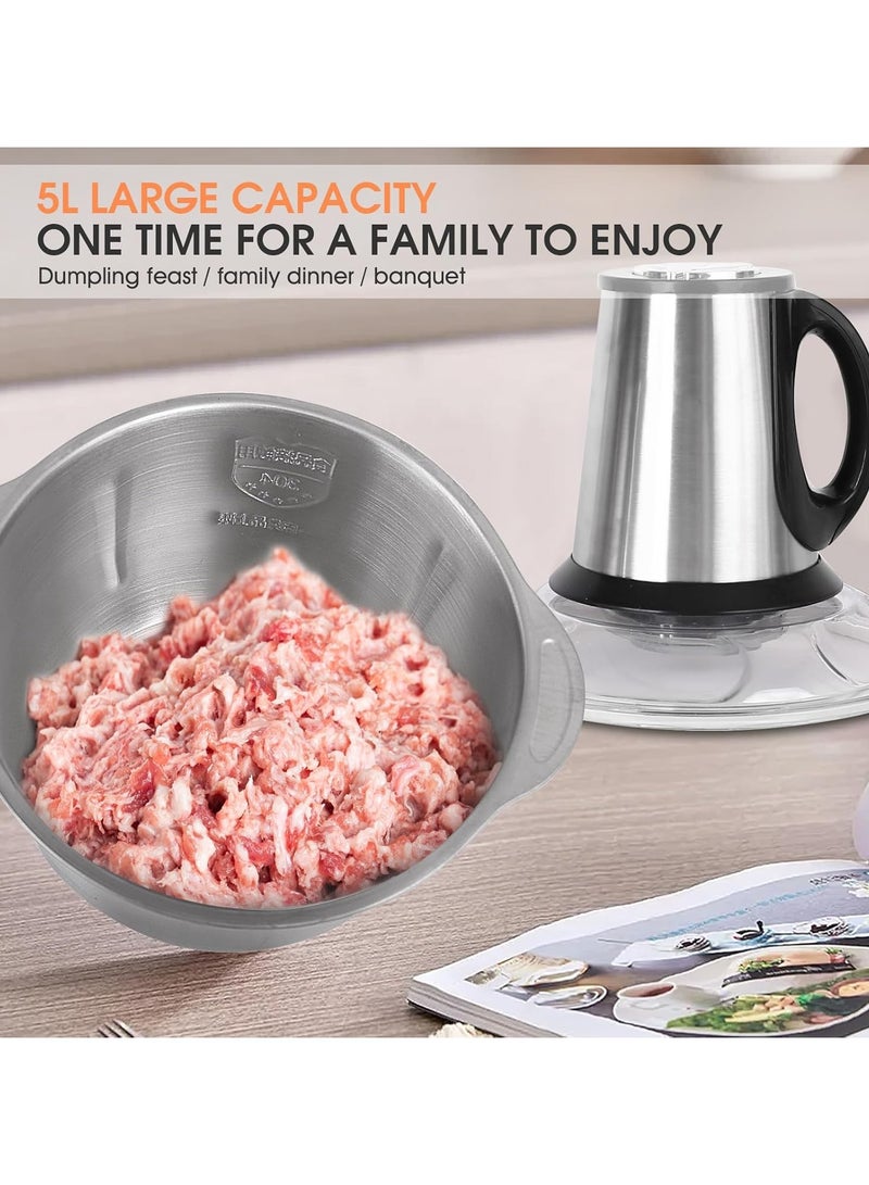 بريمو بلس مفرمة لحم كهربائية 5 لتر، 3 سرعات قابلة للتعديل 500 واط من الستانلس ستيل، محضر طعام للمطبخ متعدد الوظائف من الستانلس ستيل مع 5 شفرات، مفرمة منزلية للحوم والبصل والخضروات والمكسرات - Image 4