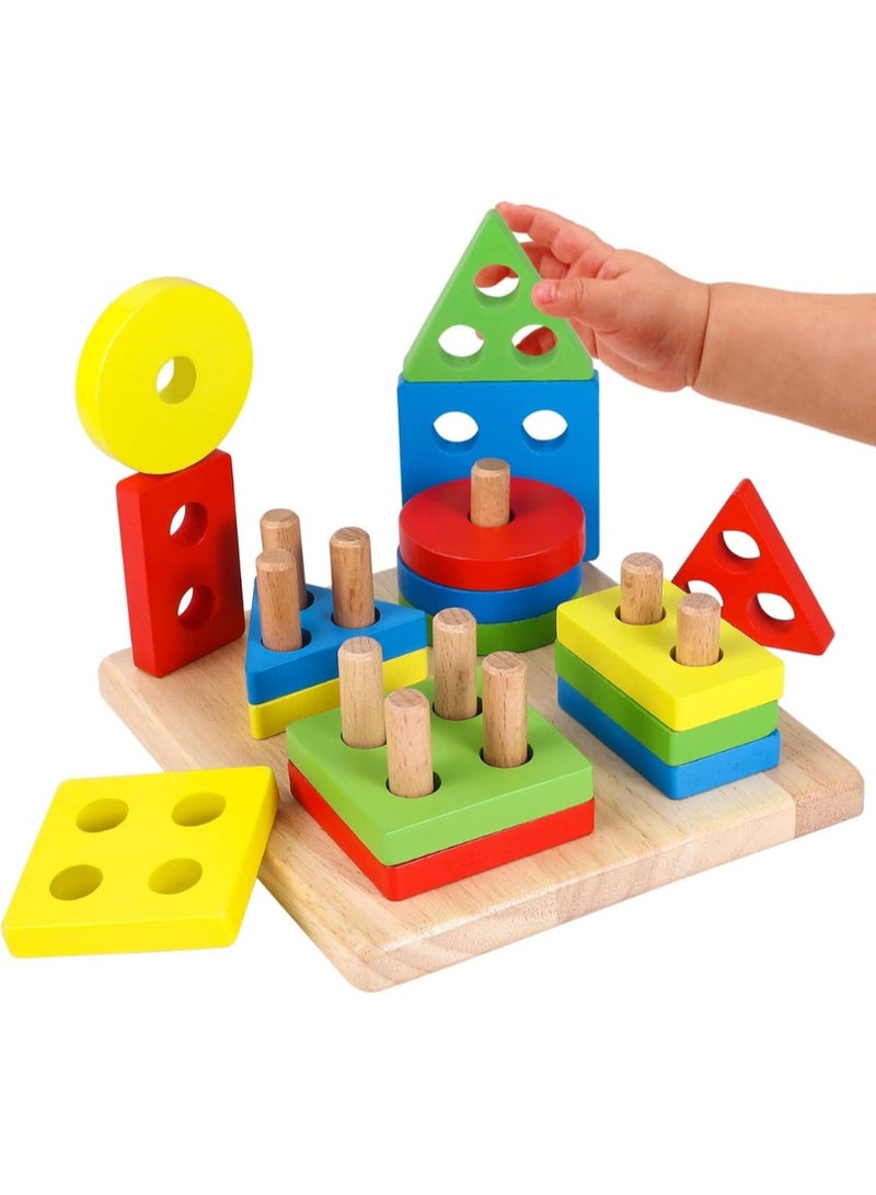 ZedPlay Wooden Sorting & Stacking Toys, Montessori Toys for 1 2 3 Years Old Toddlers, Shape Sorter Puzzles with16-Piece Large Geometric Blocks, Gift for 12+ Months Baby Boys Girls - Image 1