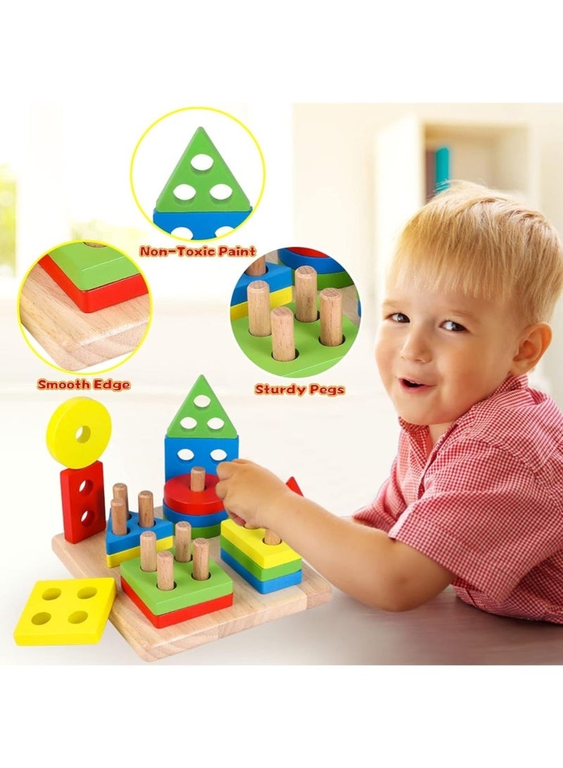 ZedPlay Wooden Sorting & Stacking Toys, Montessori Toys for 1 2 3 Years Old Toddlers, Shape Sorter Puzzles with16-Piece Large Geometric Blocks, Gift for 12+ Months Baby Boys Girls - Image 2