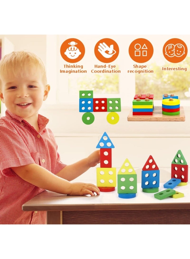 ZedPlay Wooden Sorting & Stacking Toys, Montessori Toys for 1 2 3 Years Old Toddlers, Shape Sorter Puzzles with16-Piece Large Geometric Blocks, Gift for 12+ Months Baby Boys Girls - Image 4