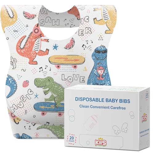 KIIS Disposable Baby Bibs with Large Crumb-Catching Pocket - Hygienic, Soft and Leakproof Eating, Travel Must Haves, 20 Count (Dino) - Image 1