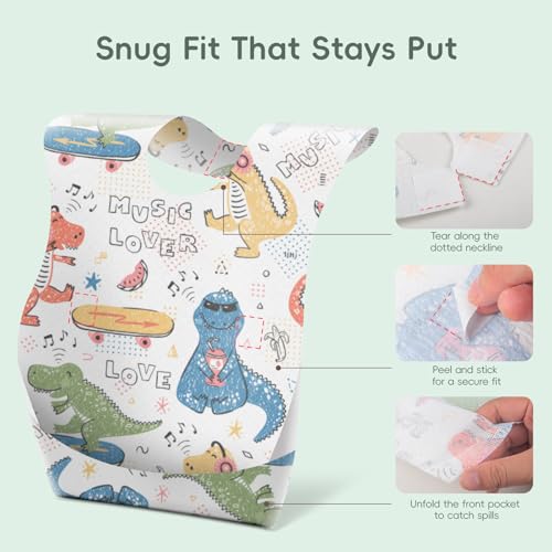 KIIS Disposable Baby Bibs with Large Crumb-Catching Pocket - Hygienic, Soft and Leakproof Eating, Travel Must Haves, 20 Count (Dino) - Image 5