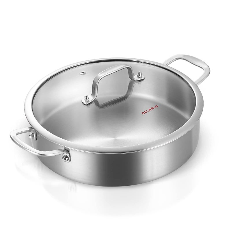 DELARLO Stainless Steel Pans6QT Saute Pan12 inch Everyday Pan with LidDishwasherFriendly BraiserStayCool HandlesOvenSafe Up to 660