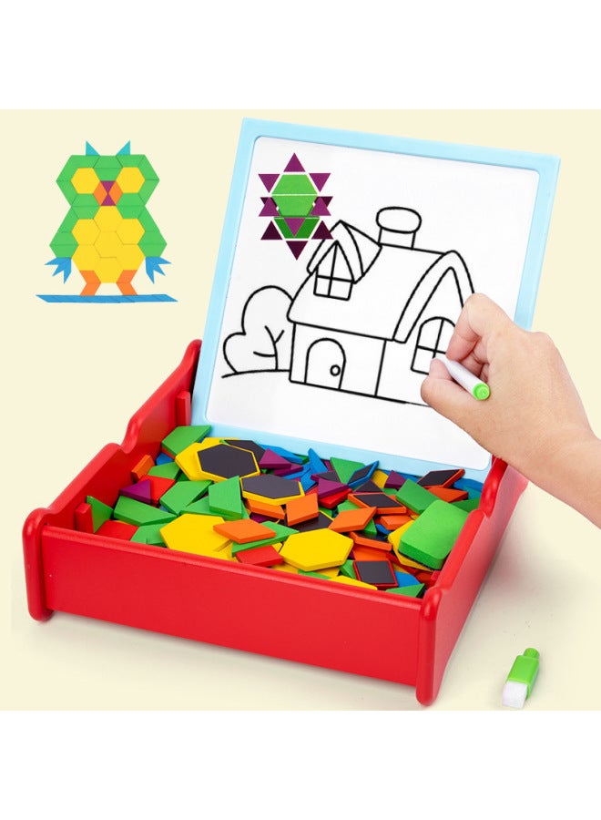 196 Pieces Wooden Children's Educational Toys 3-6 Years Old Creative Geometric Shape Magnetic Puzzle Tangram Wooden Building Blocks-Color:Geometric Puzzle - Image 3