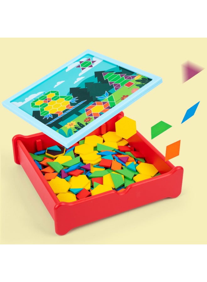 196 Pieces Wooden Children's Educational Toys 3-6 Years Old Creative Geometric Shape Magnetic Puzzle Tangram Wooden Building Blocks-Color:Geometric Puzzle - Image 1