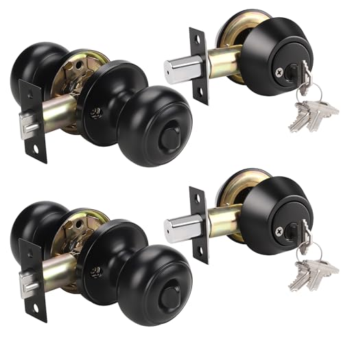 KNOBWELL 2 Pack Entry Door Knob and Double Cylinder Deadbolt Set, Keyed Alike Door Lock Sets, Black Exterior Door Knob with Deadbolt for Office Front Door, Front Door Handle and Deadbolt Set - Image 1