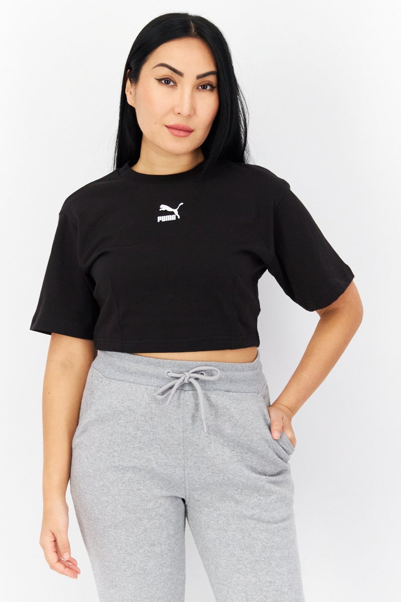 PUMA Women Relaxed Fit Short Sleeve Brand Logo Training Crop Top, Black  - Image 1
