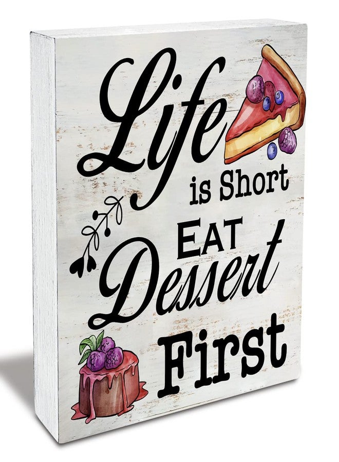 MAVOTEN Rustic Kitchen Wood Box Sign Life is Short Eat Dessert First Wooden Box Sign Home Kitchen Desk Shelf Decor (5 X 5 Inch) - Image 1