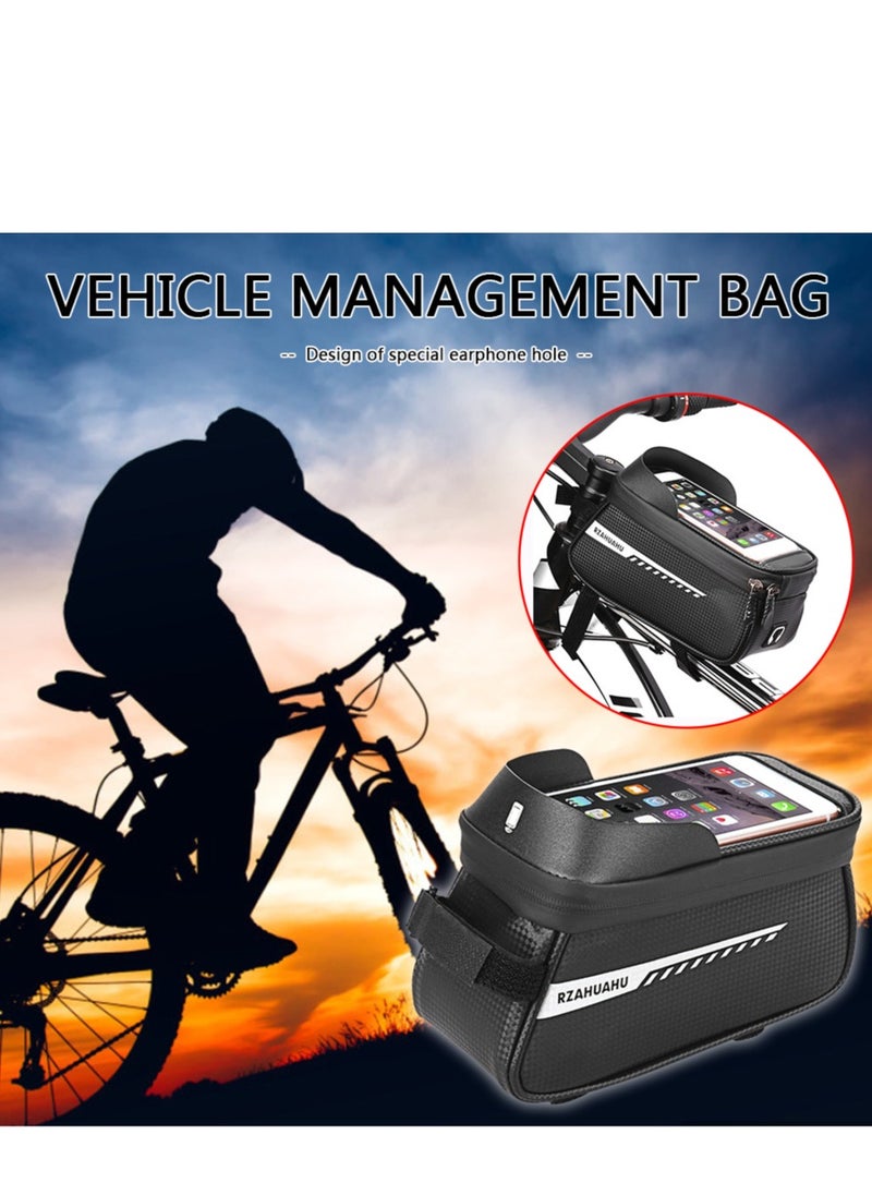 Generic Bike Top Tube Bag - PU Leather Cycling Phone Pouch (Black) | Touchscreen, 3-Point Strap, Headphone Port (8.3"x3.5"x4.1")  - Image 4