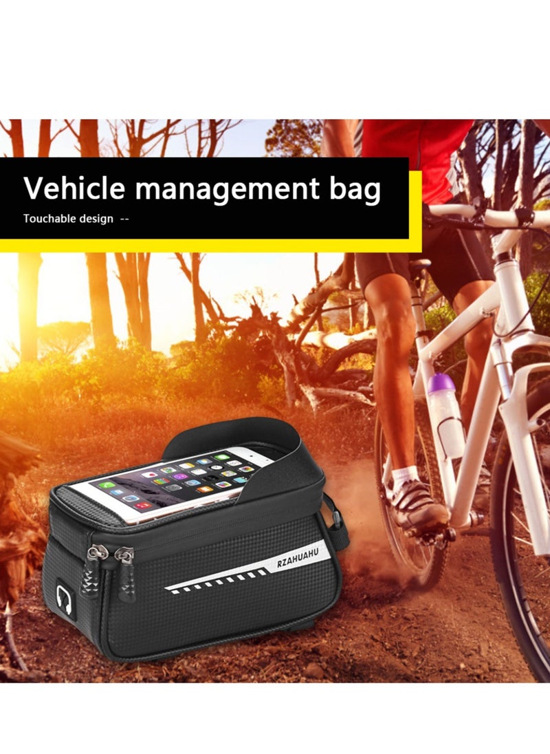 Generic Bike Top Tube Bag - PU Leather Cycling Phone Pouch (Black) | Touchscreen, 3-Point Strap, Headphone Port (8.3"x3.5"x4.1")  - Image 5