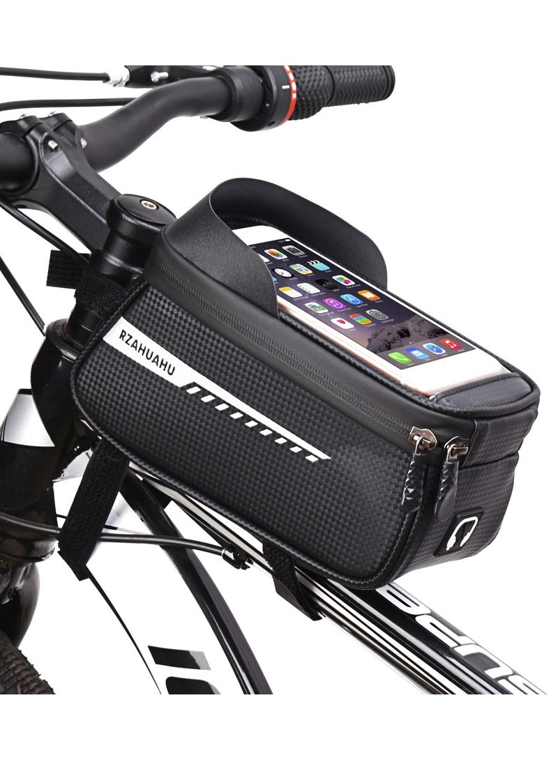 Generic Bike Top Tube Bag - PU Leather Cycling Phone Pouch (Black) | Touchscreen, 3-Point Strap, Headphone Port (8.3"x3.5"x4.1")  - Image 1