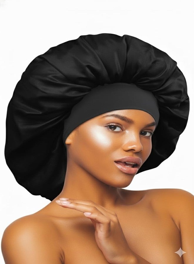 DONNA Wide Edge Satin Bonnet, Shower Cap for Women Silk Bonnet for Sleeping Satin Bonnet Jumbo BLACK