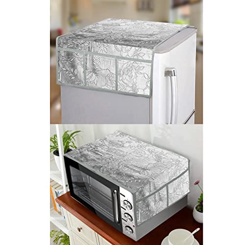 E-Retailer® Exclusive 2-Layered Rexine Combo Set of Appliances Cover (1 Pc. of Fridge Top Cover, 1 Pc. of Microwave Oven Top Cover) (Color-Gray, Design-Floral, Set Contains-2-Pcs.) - Image 1