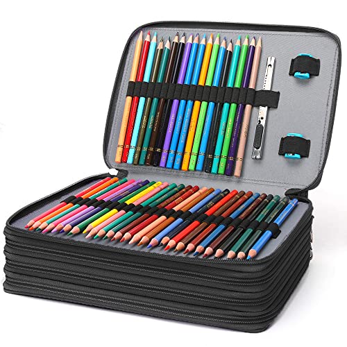 Vomgomfom Colored Pencil Case - 200 Slot Pencil Holder with Zipper Closure Deluxe PU Leather Large Capacity Case for Watercolor Pens or Markers, Artist Organizer (Black) - Image 4