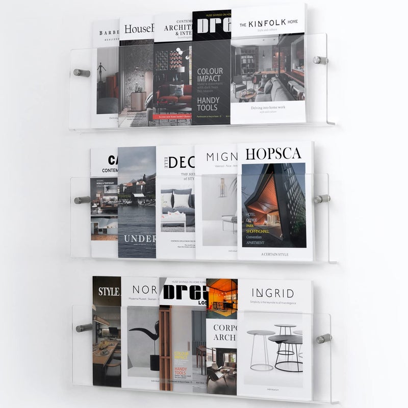 XOHYW Clear Acrylic Brochure Holder Wall Mount 3 Tier Hanging Bookshelf Magazine Rack Literature Storage Rack for Waiting Room Living Room Office Home Display - Image 1