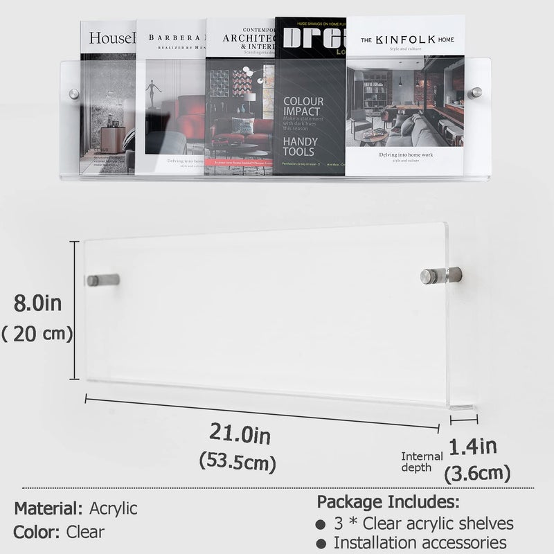 XOHYW Clear Acrylic Brochure Holder Wall Mount 3 Tier Hanging Bookshelf Magazine Rack Literature Storage Rack for Waiting Room Living Room Office Home Display - Image 2