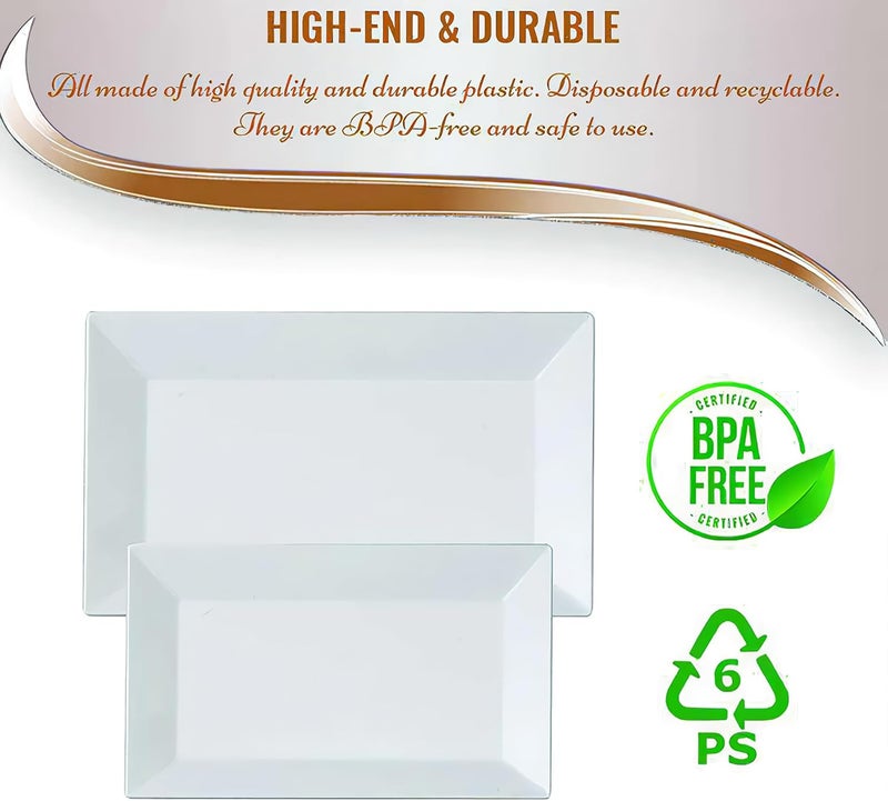 kaya Elegant Rectangular White Plastic Dessert Plates (5.5" x 8.5") - Pack of 10 - Perfect for Weddings, Birthdays & Home Use - Image 3