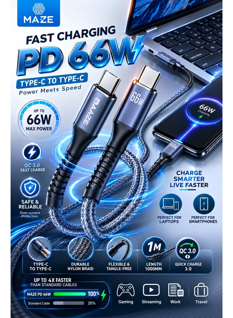 ميذ كابل USB-C إلى USB-C للشحن السريع بقوة 66 واط – يدعم تقنية الشحن السريع (PD) ونقل البيانات بسرعة 480 ميجابت في الثانية، يتميز بهيكل متين مجدول من النايلون ومقاوم للانحناء، بطول 1 متر، ومتوافق مع الهواتف الذكية والأجهزة اللوحية وأجهزة الكمبيوتر المحمولة. - Image 5