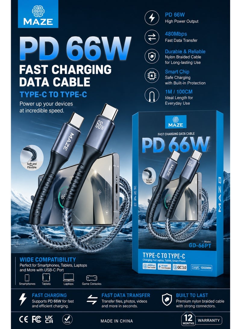ميذ كابل USB-C إلى USB-C للشحن السريع بقوة 66 واط – يدعم تقنية الشحن السريع (PD) ونقل البيانات بسرعة 480 ميجابت في الثانية، يتميز بهيكل متين مجدول من النايلون ومقاوم للانحناء، بطول 1 متر، ومتوافق مع الهواتف الذكية والأجهزة اللوحية وأجهزة الكمبيوتر المحمولة. - Image 4