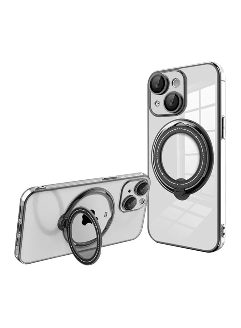 Clear Protective Case Compatible with iPhone 15 with Magnetic Holder, Clear Silicone Case Supports Wireless Charging Shockproof (Black) 