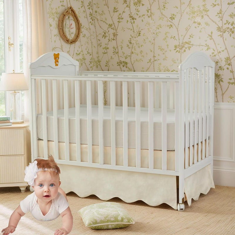 Brandream Scallop Edge Cotton Crib Skirt Toddler Bedskirt Baby Nursery Crib Bed Skirt Boho Bohemian Neutral Solid Color Vintage Ivory Cream Off Farmhouse Chic Boho Bohemian Skirt - Image 1