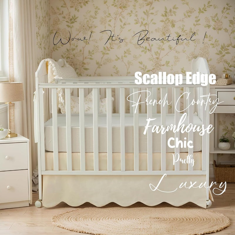 Brandream Scallop Edge Cotton Crib Skirt Toddler Bedskirt Baby Nursery Crib Bed Skirt Boho Bohemian Neutral Solid Color Vintage Ivory Cream Off Farmhouse Chic Boho Bohemian Skirt - Image 3