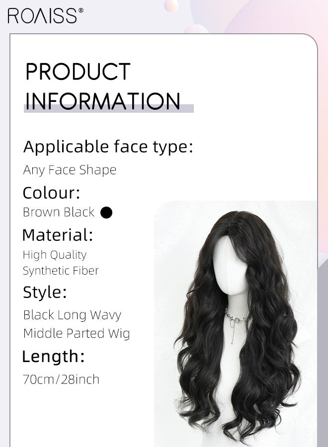 roaiss Brown Black Long Wavy Hair Wig, Women's Middle Parting Natural Soft Synthetic Heat Resistant Hair Wig for Wedding Cosplay Party Daily Use, 70cm (28 inches)  - Image 2