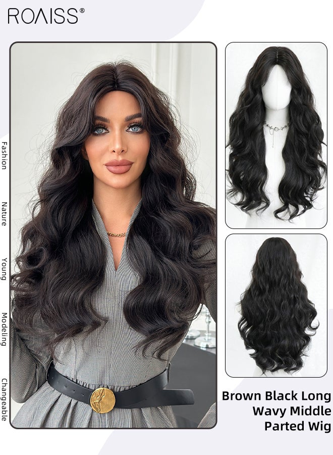 roaiss Brown Black Long Wavy Hair Wig, Women's Middle Parting Natural Soft Synthetic Heat Resistant Hair Wig for Wedding Cosplay Party Daily Use, 70cm (28 inches)  - Image 1