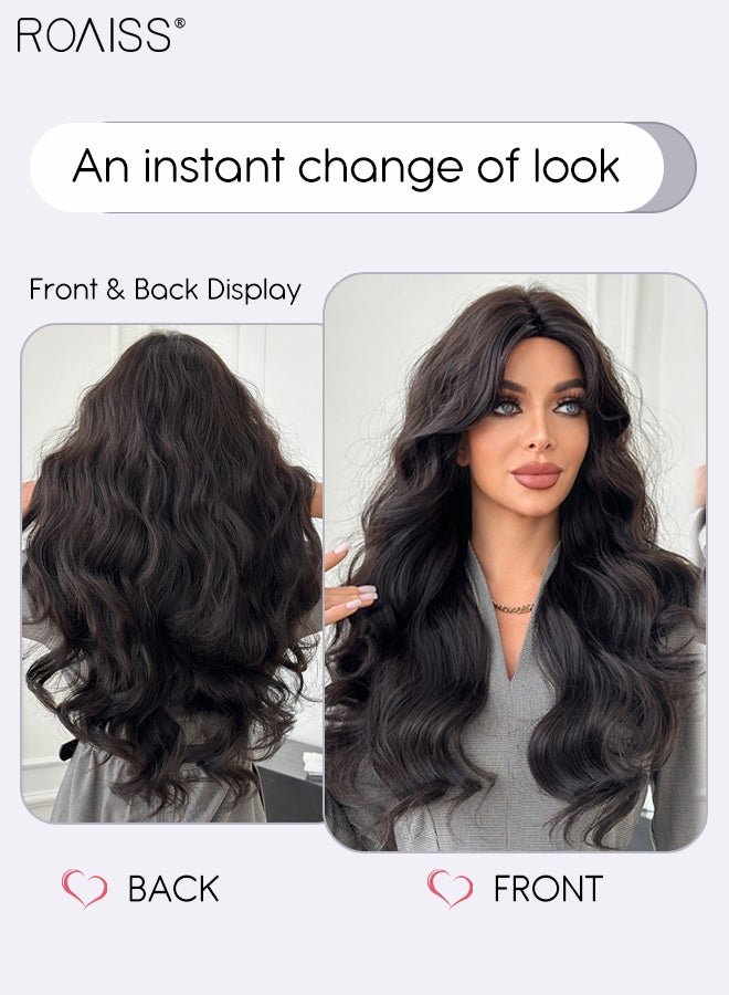 roaiss Brown Black Long Wavy Hair Wig, Women's Middle Parting Natural Soft Synthetic Heat Resistant Hair Wig for Wedding Cosplay Party Daily Use, 70cm (28 inches)  - Image 3