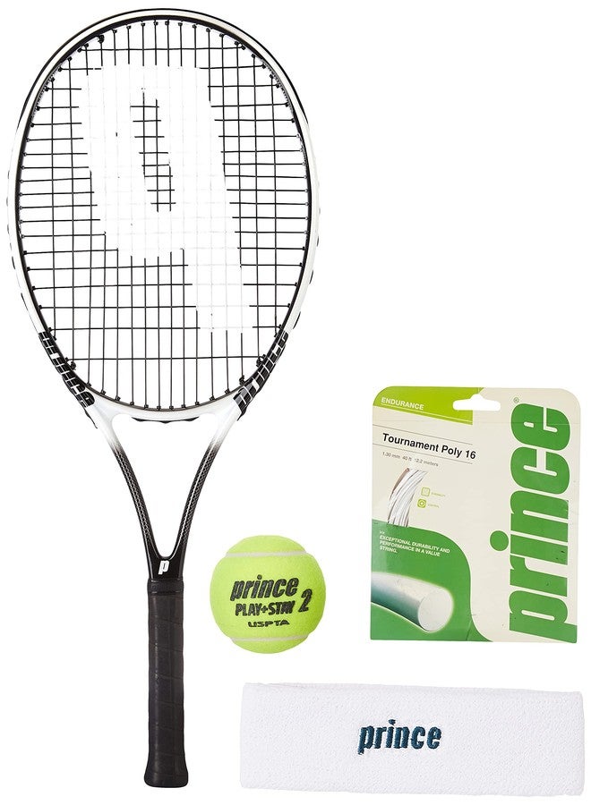 برنس مضرب تنس برينس ثاندر 26، برينس ستيج 2 - برتقالي - 12 كرة تنس قياسية مع خيط، بوليستر بطول 16، وشريط رأس، أزرق داكن - Image 1