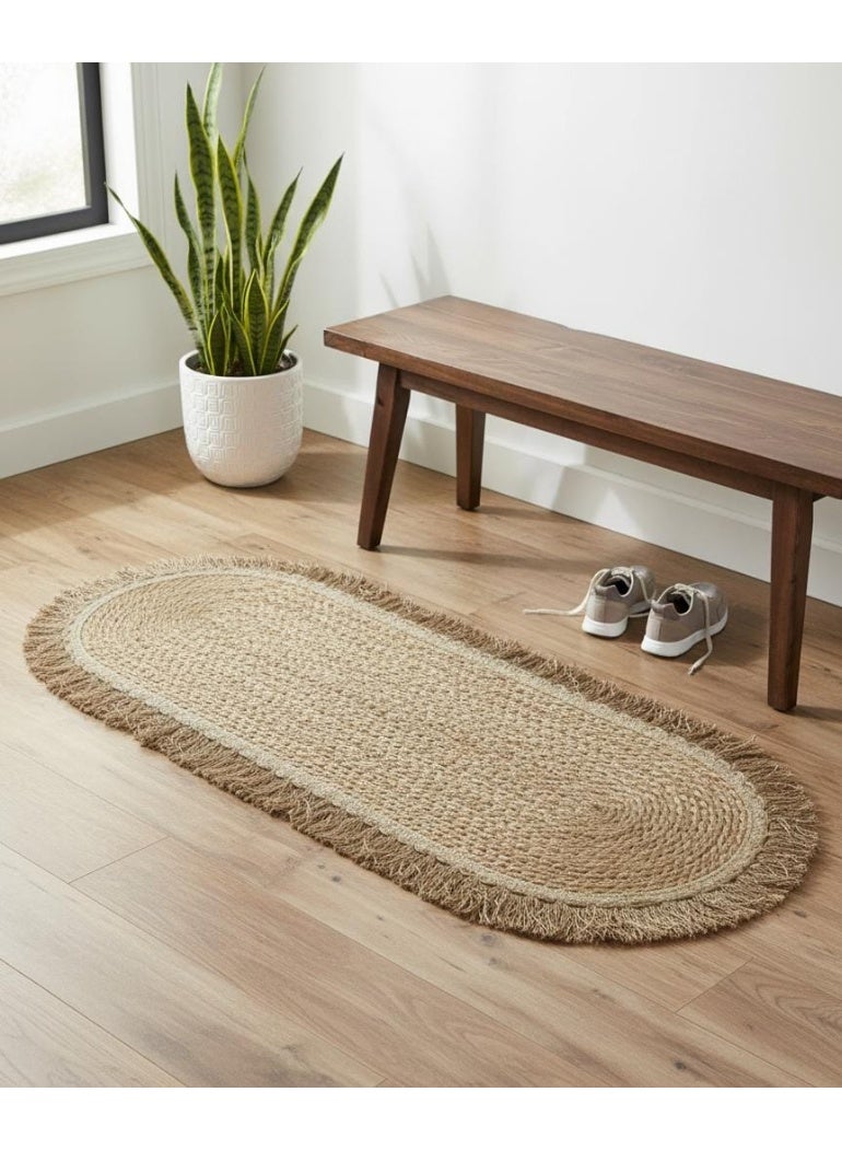 AKDC Oval Rattan Rug 35×120cm – Brownish Fringe Border, Elegant Handmade Rug for Hallways & Entryways - Image 1