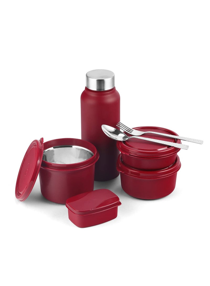 oliveware Teso Pro Lunch Box with Steel Cutlery, 3 Microwave Safe Inside Steel Containers with BPA free Lids, Plastic Pickle Box, Steel Water Bottle | Maroon - Image 3