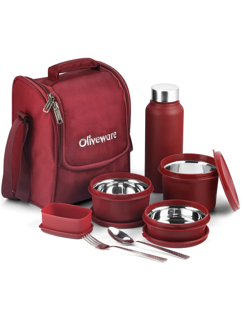 oliveware Teso Pro Lunch Box with Steel Cutlery, 3 Microwave Safe Inside Steel Containers with BPA free Lids, Plastic Pickle Box, Steel Water Bottle | Maroon - Image 1