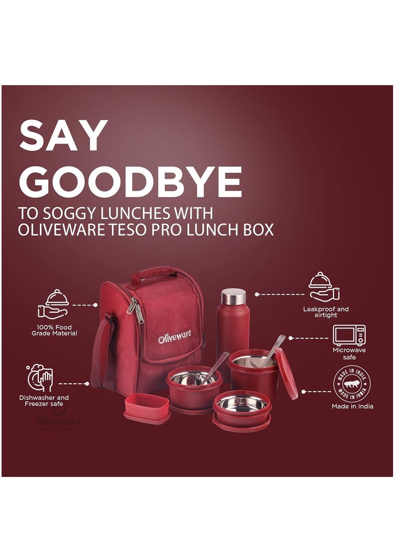 oliveware Teso Pro Lunch Box with Steel Cutlery, 3 Microwave Safe Inside Steel Containers with BPA free Lids, Plastic Pickle Box, Steel Water Bottle | Maroon - Image 4